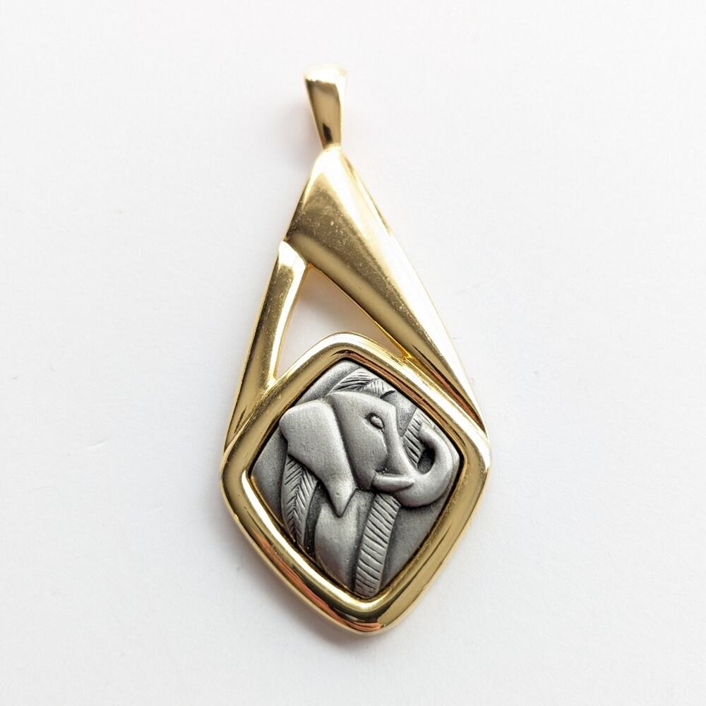 Vintage 80s Large Gold Tone Trunks Up For Luck Elephant Diamond Pendant
